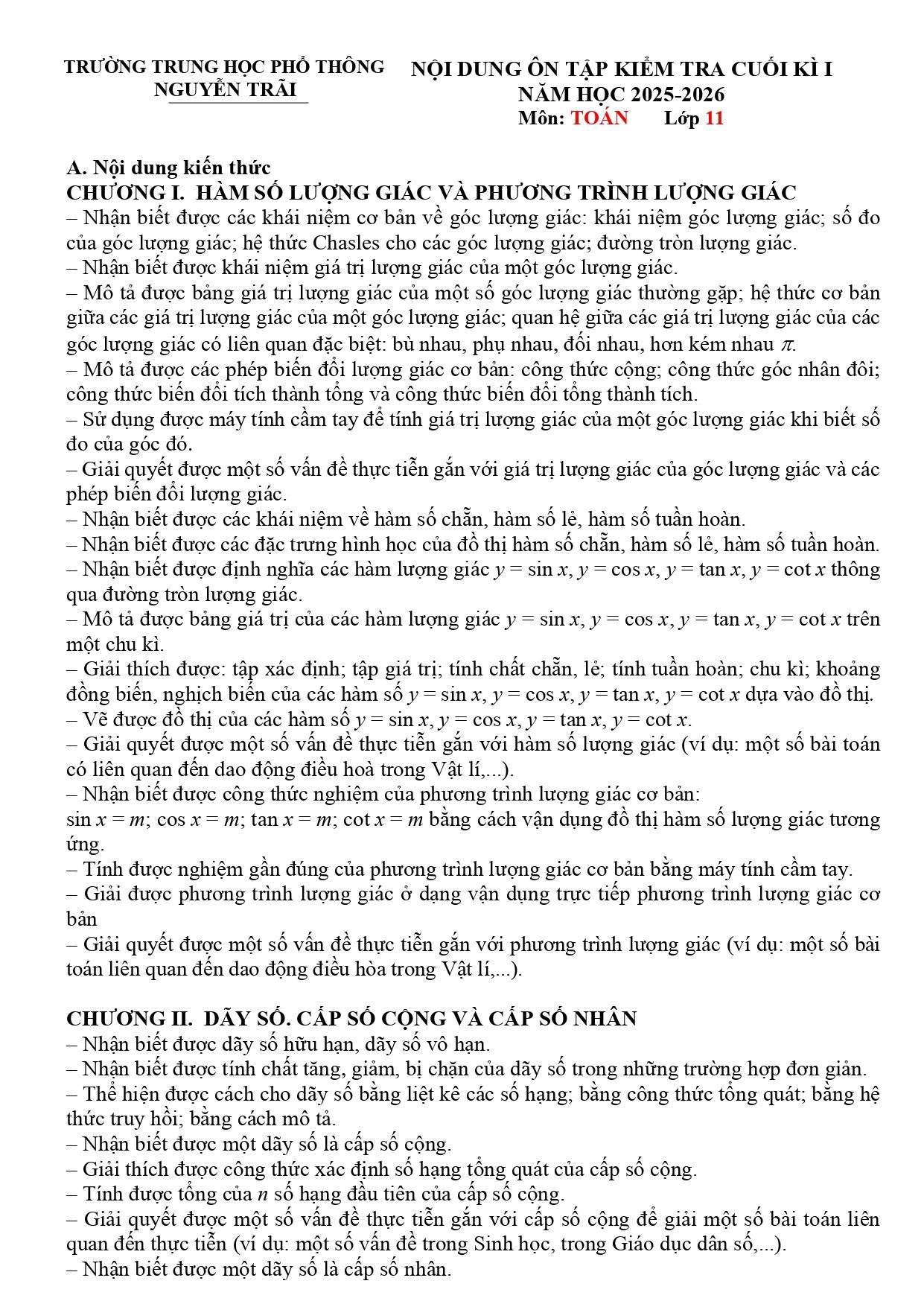 Đề cương ôn tập Học kì 1 Toán 11 trường THPT Nguyễn Trãi (Đà Nẵng) năm 2025–2026