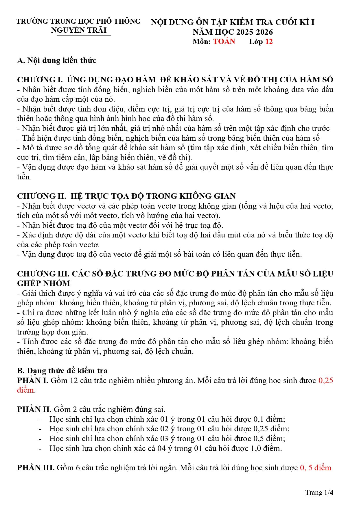 Đề cương ôn tập Học kì 1 Toán 12 trường THPT Nguyễn Trãi (Đà Nẵng) năm 2025–2026