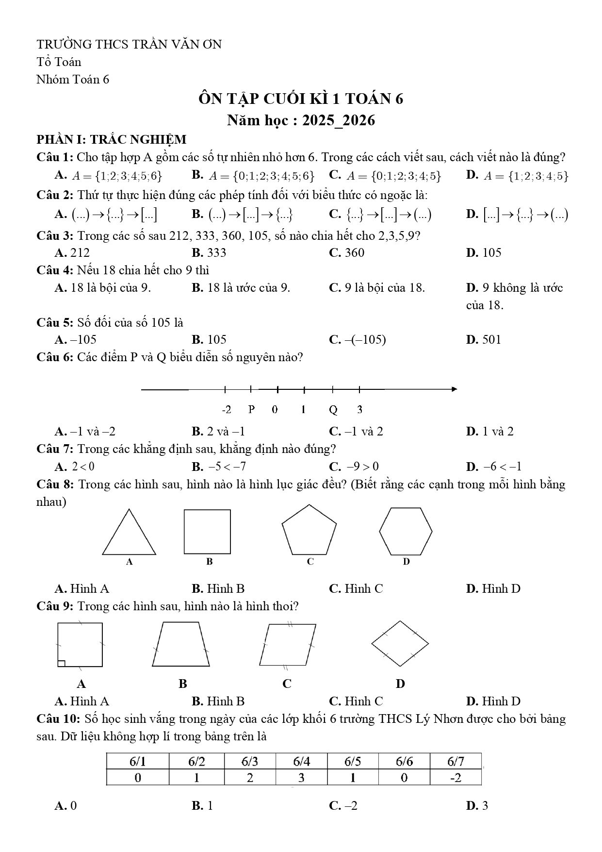 Đề cương ôn tập Học kì 1 Toán 6 trường THCS Trần Văn Ơn (TP Hồ Chí Minh) năm 2025–2026