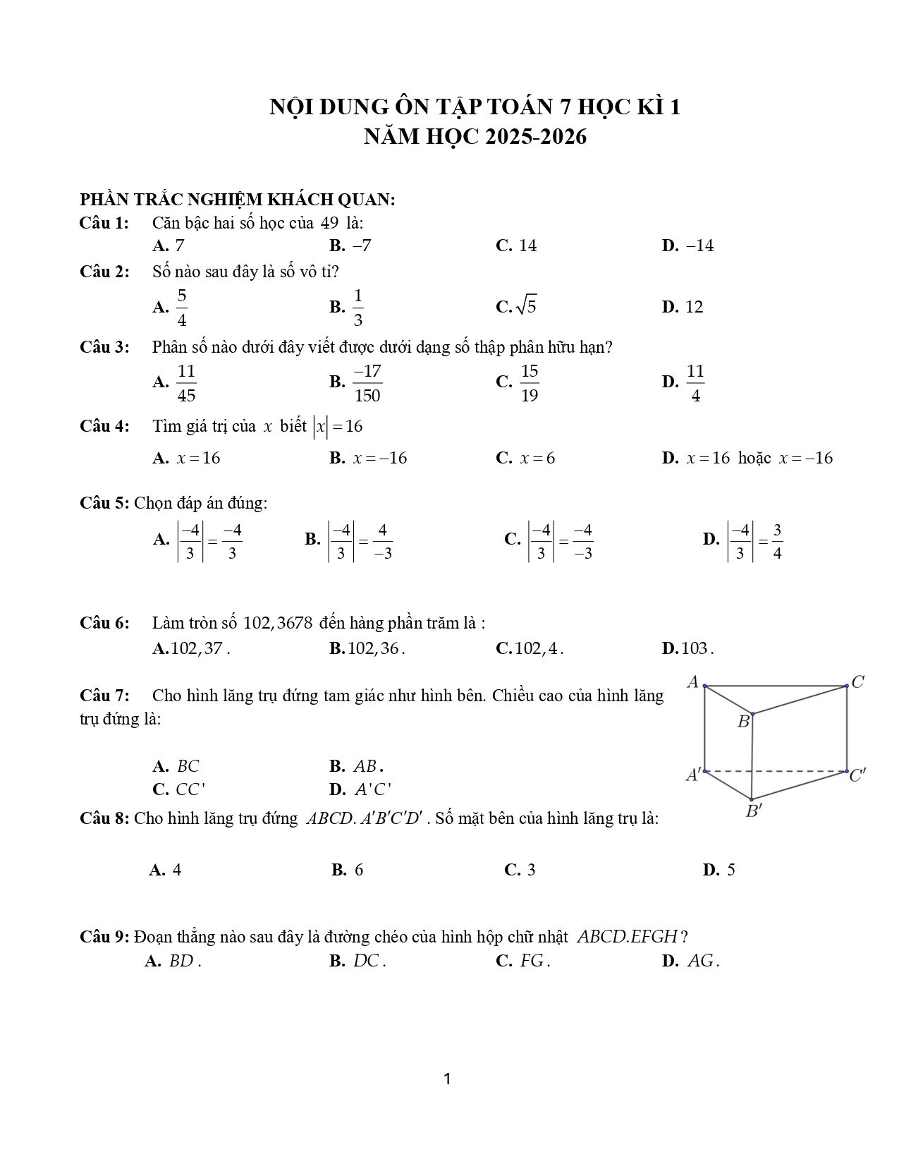 Đề cương ôn tập Học kì 1 Toán 7 trường THCS Trần Văn Ơn (TP Hồ Chí Minh) năm 2025–2026