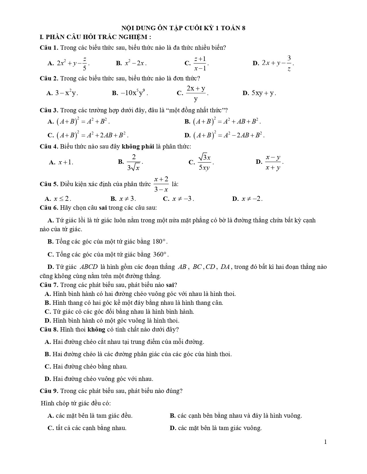 Đề cương ôn tập Học kì 1 Toán 8 trường THCS Trần Văn Ơn (TP Hồ Chí Minh) năm 2025–2026