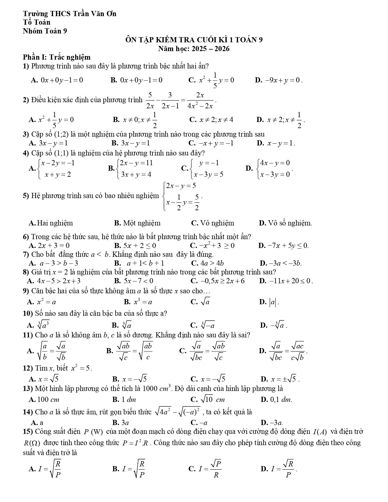 Đề cương ôn tập Học kì 1 Toán 9 trường THCS Trần Văn Ơn (TP Hồ Chí Minh) năm 2025–2026