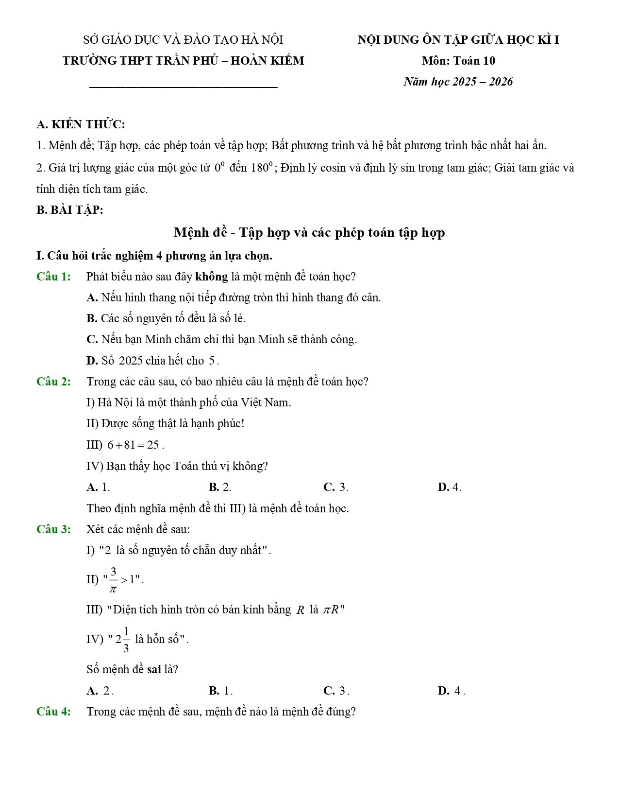 Đề cương ôn tập Giữa kì 1 Toán 10 trường THPT Trần Phú (Hà Nội) năm 2025–2026