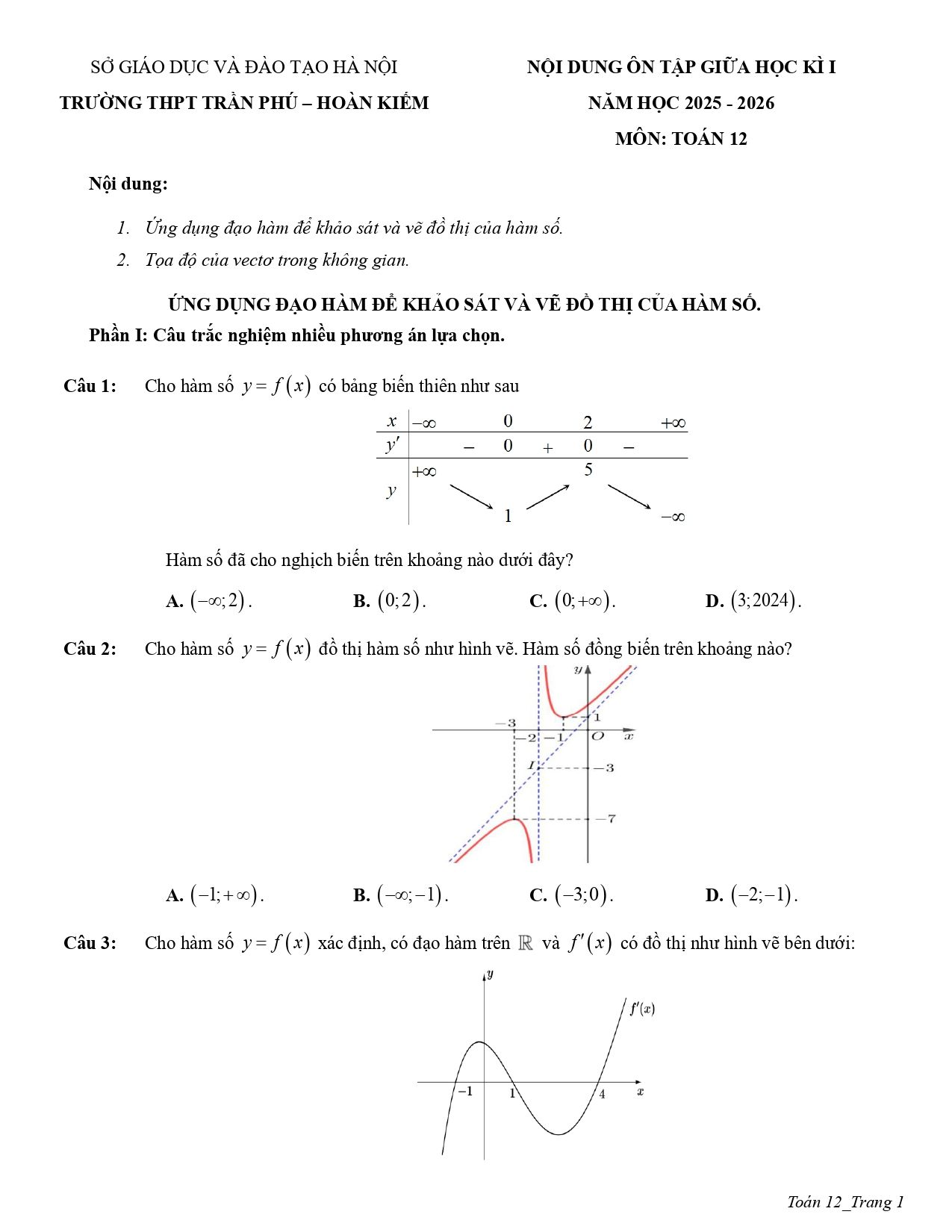 Đề cương ôn tập Giữa kì 1 Toán 12 trường THPT Trần Phú (Hà Nội) năm 2025–2026