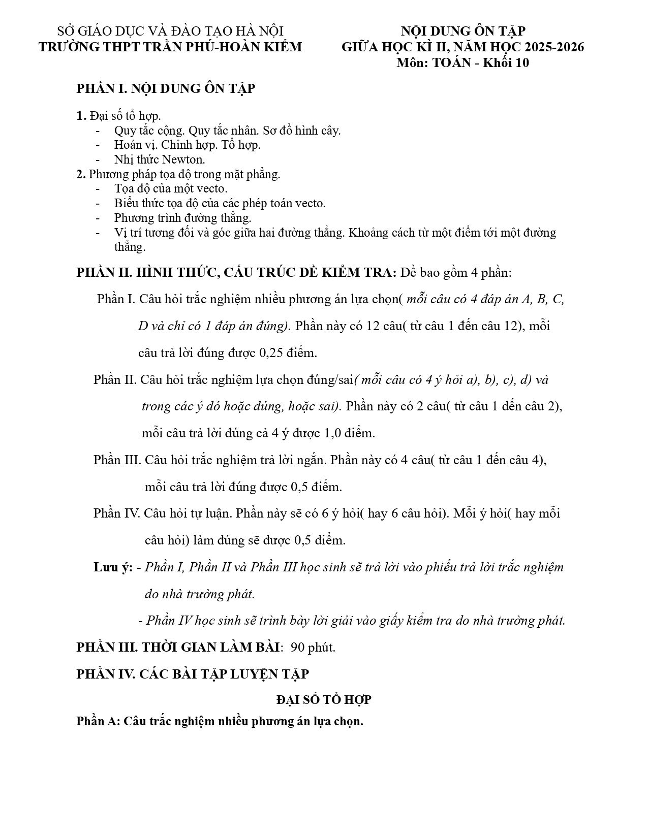 Đề cương ôn tập Giữa kì 2 Toán 10 trường THPT Trần Phú (Hà Nội) năm 2025–2026