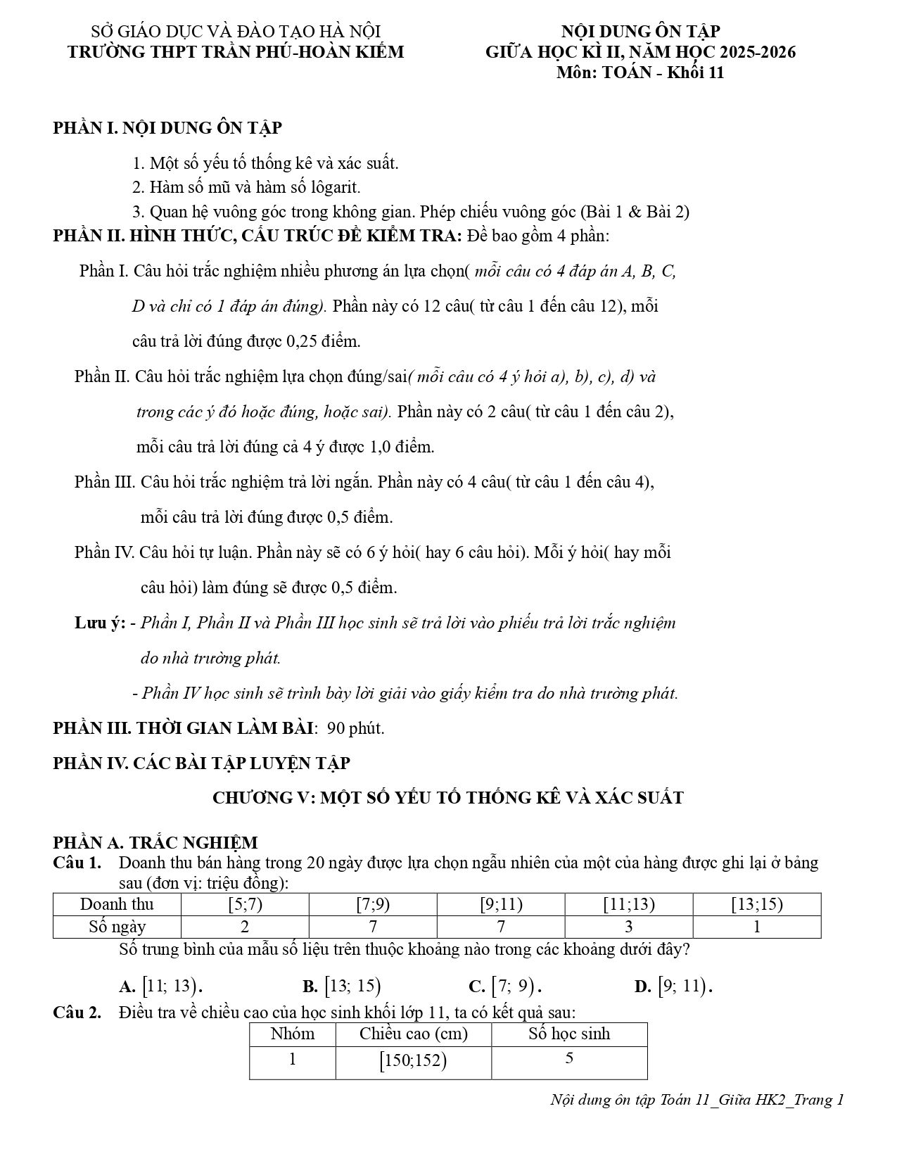 Đề cương ôn tập Giữa kì 2 Toán 11 trường THPT Trần Phú (Hà Nội) năm 2025–2026