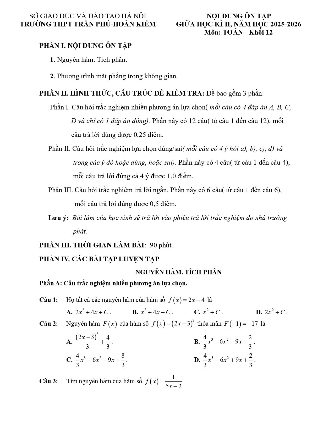 Đề cương ôn tập Giữa kì 2 Toán 12 trường THPT Trần Phú (Hà Nội) năm 2025–2026