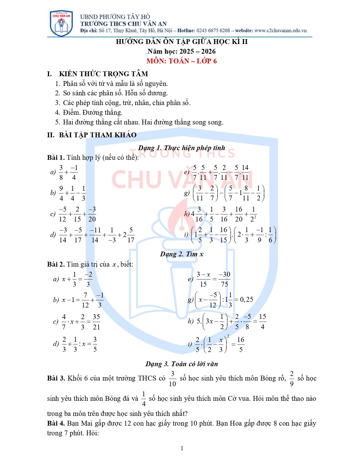 Đề cương ôn tập Giữa kì 2 Toán 6 trường THCS Chu Văn An (Hà Nội) năm 2025–2026