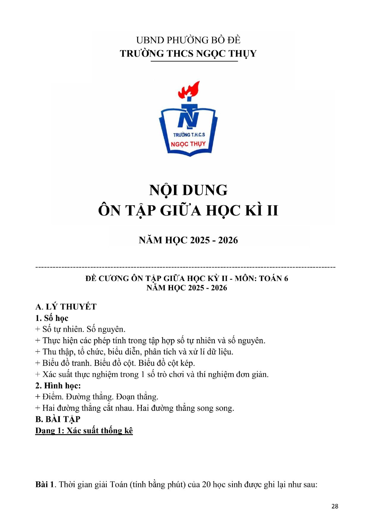 Đề cương ôn tập Giữa kì 2 Toán 6 trường THCS Ngọc Thụy (Hà Nội) năm 2025–2026