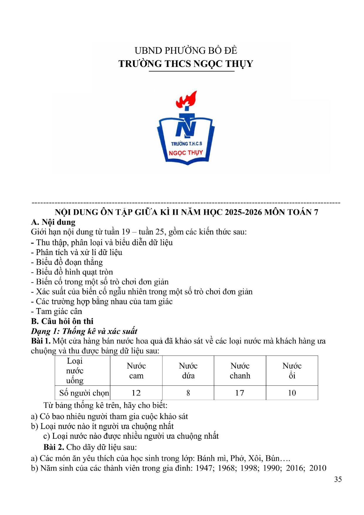 Đề cương ôn tập Giữa kì 2 Toán 7 trường THCS Ngọc Thụy (Hà Nội) năm 2025–2026