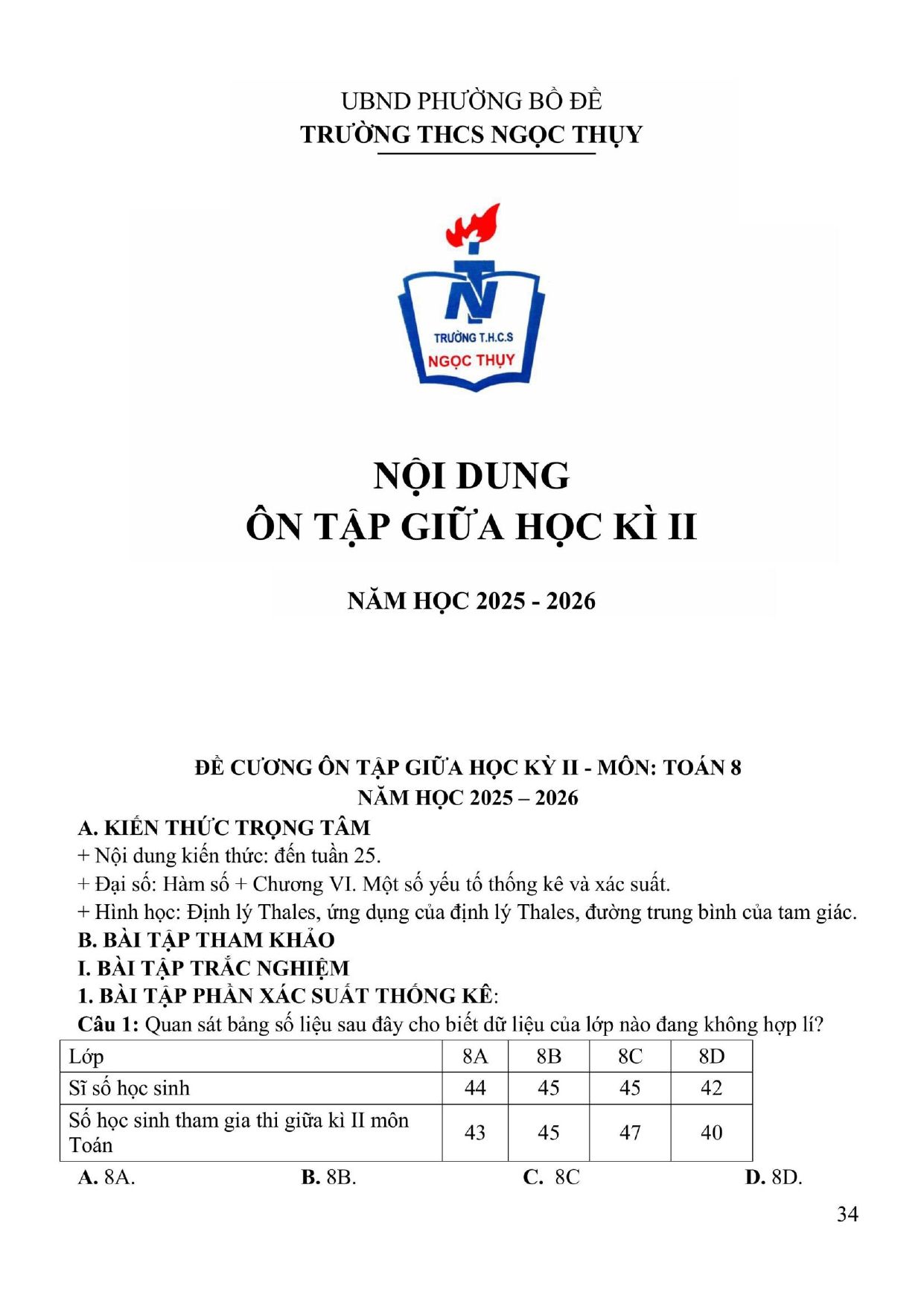 Đề cương ôn tập Giữa kì 2 Toán 8 trường THCS Ngọc Thụy (Hà Nội) năm 2025–2026