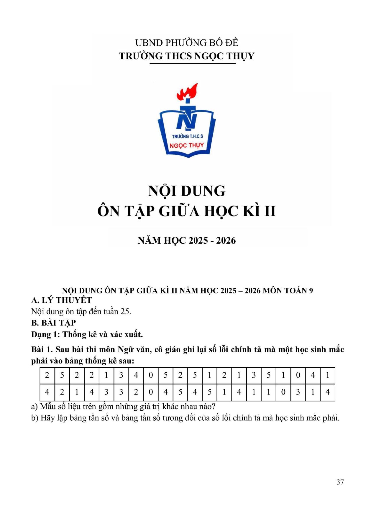 Đề cương ôn tập Giữa kì 2 Toán 9 trường THCS Ngọc Thụy (Hà Nội) năm 2025–2026