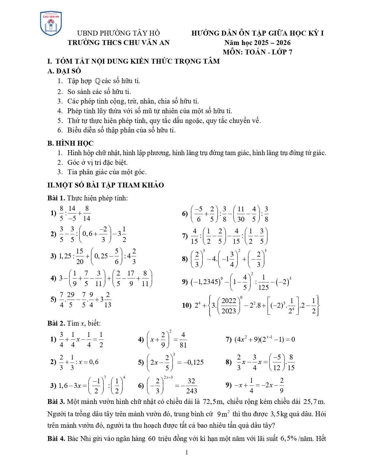 Đề cương ôn tập Giữa kì 1 Toán 7 trường THCS Chu Văn An (Hà Nội) năm 2025–2026