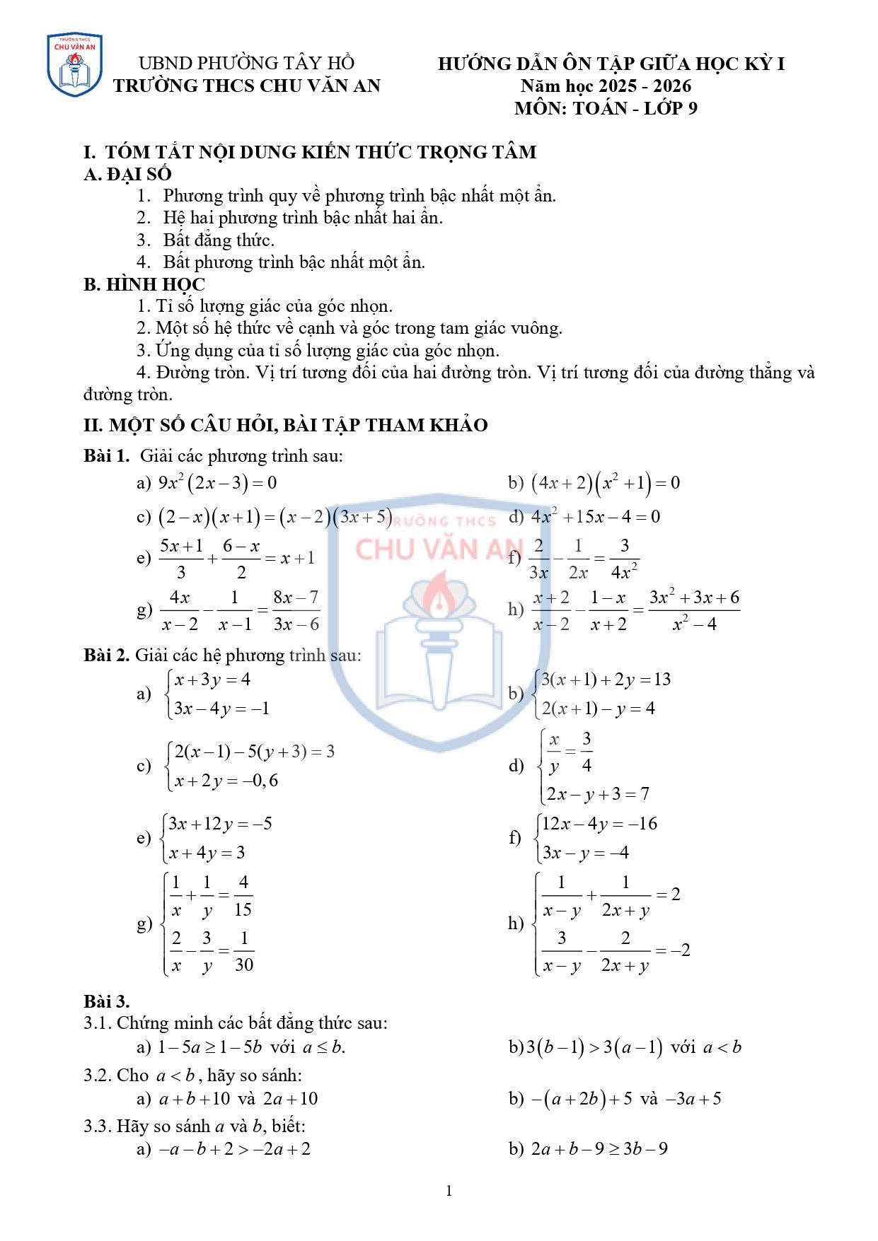 Đề cương ôn tập Giữa kì 1 Toán 9 trường THCS Thọ Lộc (Hà Nội) năm 2025–2026