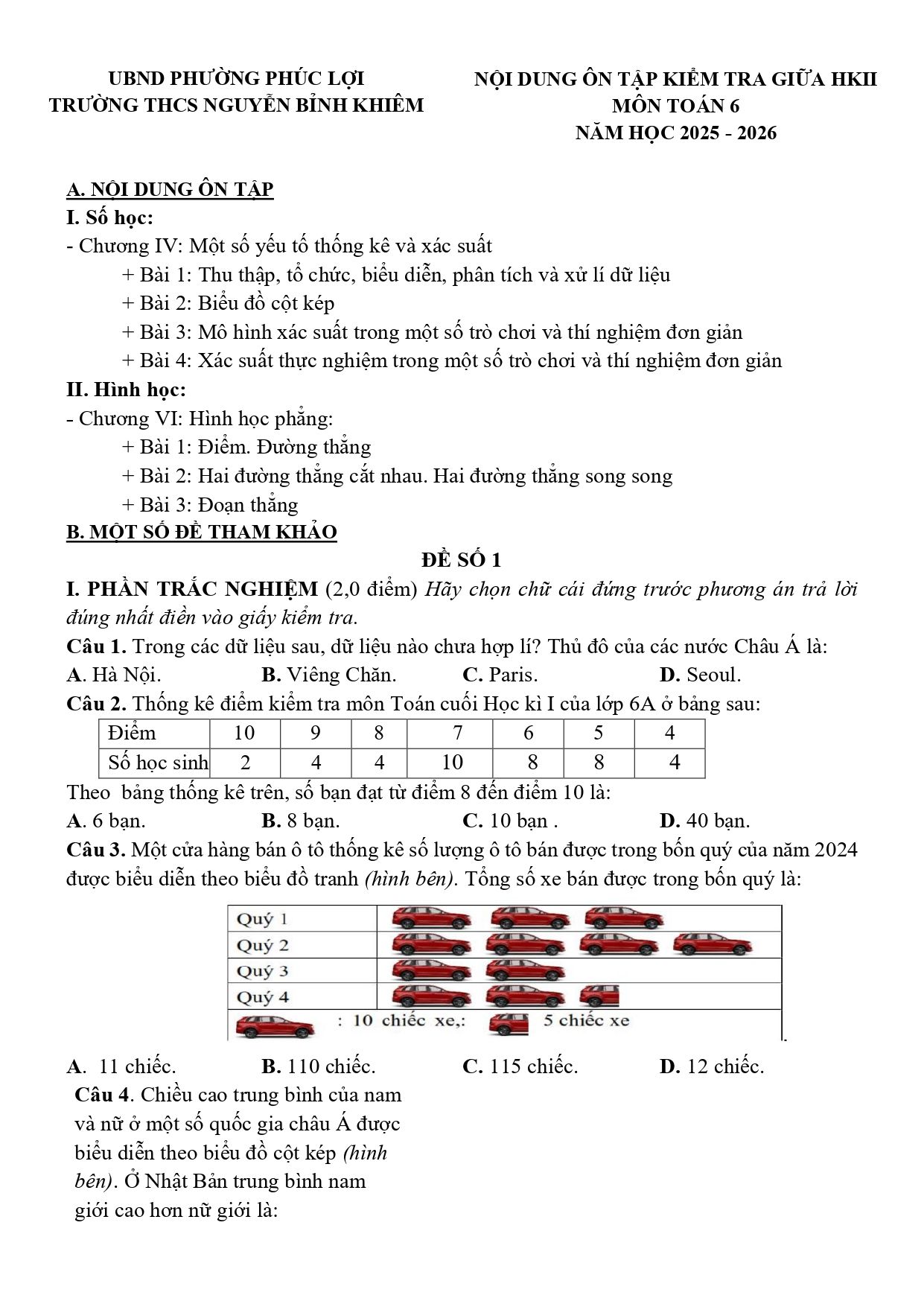 Đề cương ôn tập Giữa kì 2 Toán 6 trường THCS Nguyễn Bỉnh Khiêm (Hà Nội) năm 2025–2026