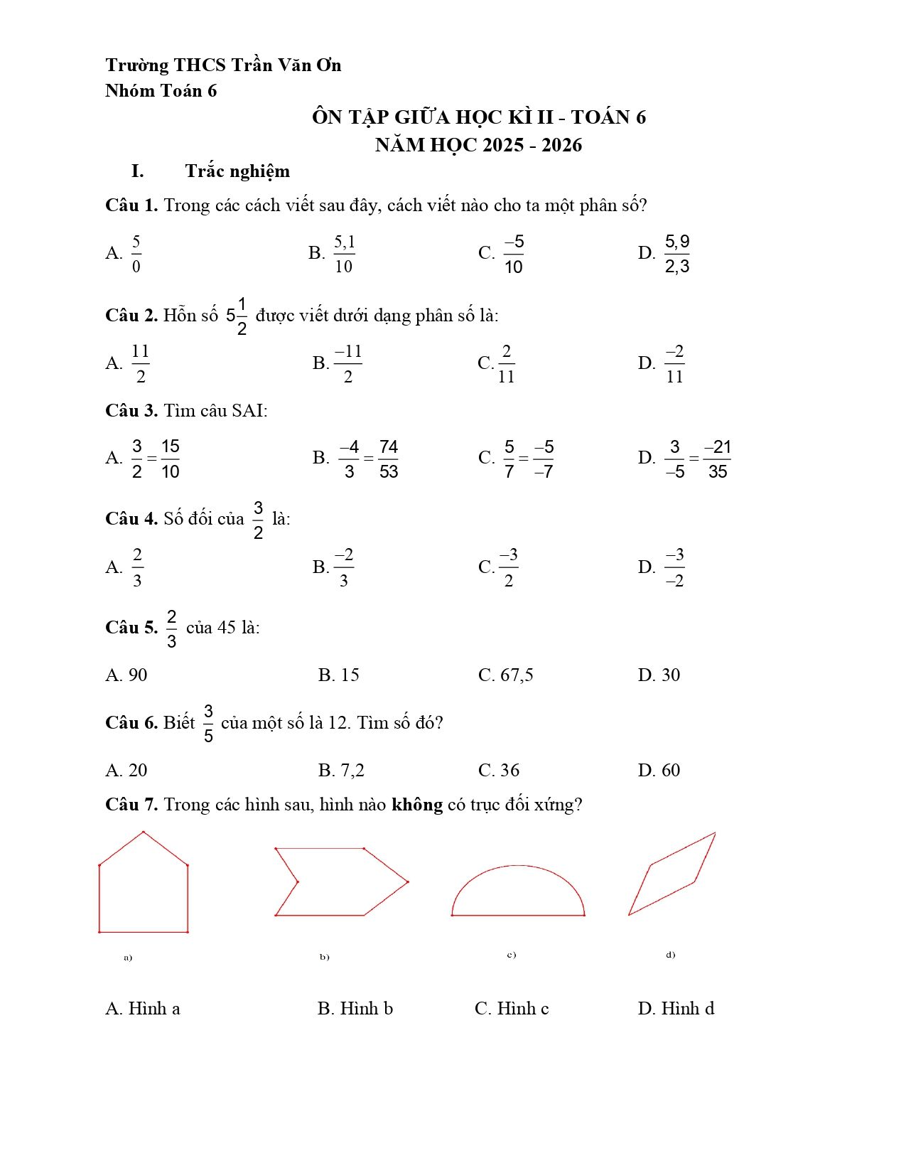 Đề cương ôn tập Giữa kì 2 Toán 6 trường THCS Trần Văn Ơn (TP Hồ Chí Minh) năm 2025–2026