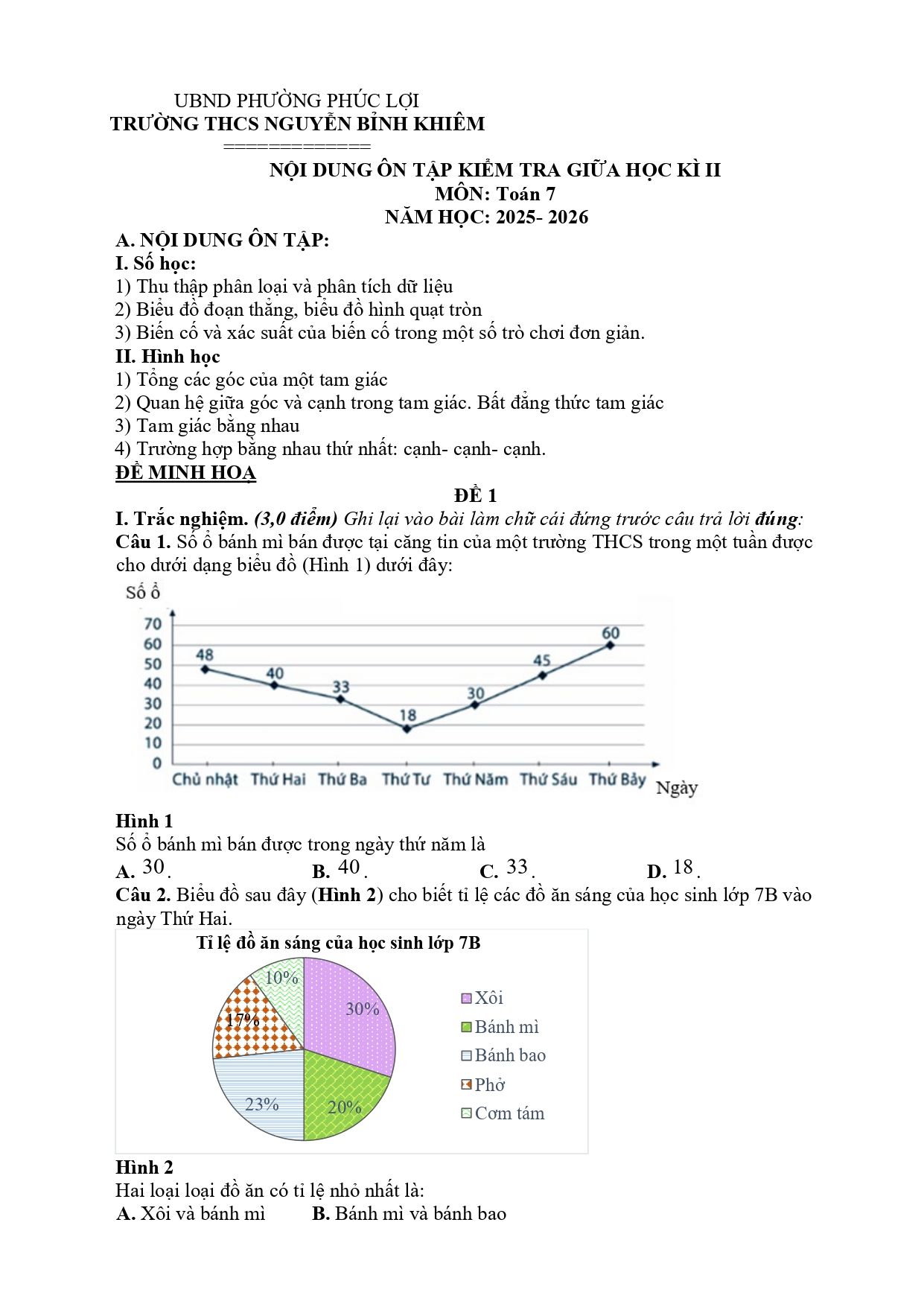 Đề cương ôn tập Giữa kì 2 Toán 7 trường THCS Nguyễn Bỉnh Khiêm (Hà Nội) năm 2025–2026