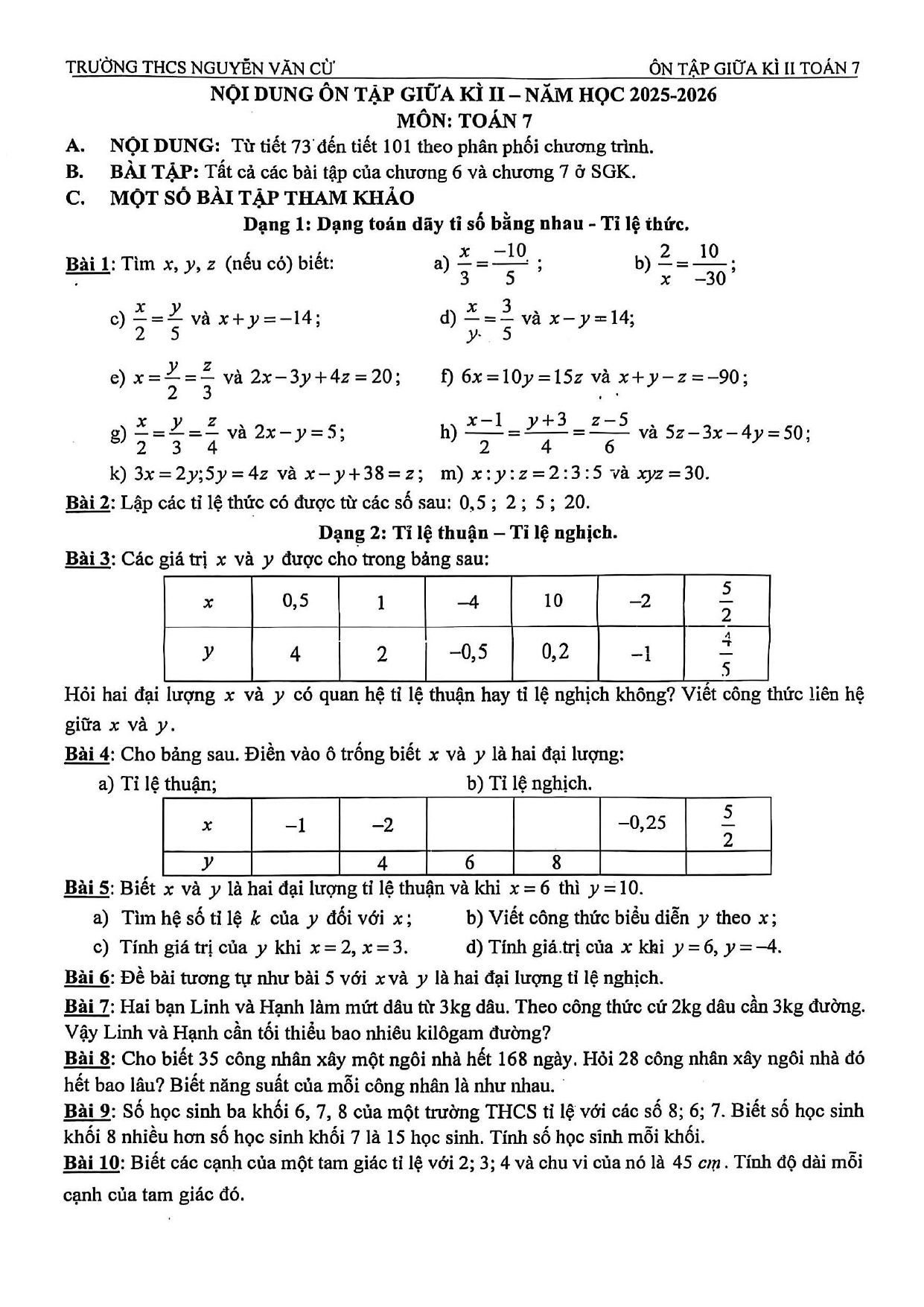 Đề cương ôn tập Giữa kì 2 Toán 7 trường THCS Nguyễn Văn Cừ (Đà Nẵng) năm 2025–2026