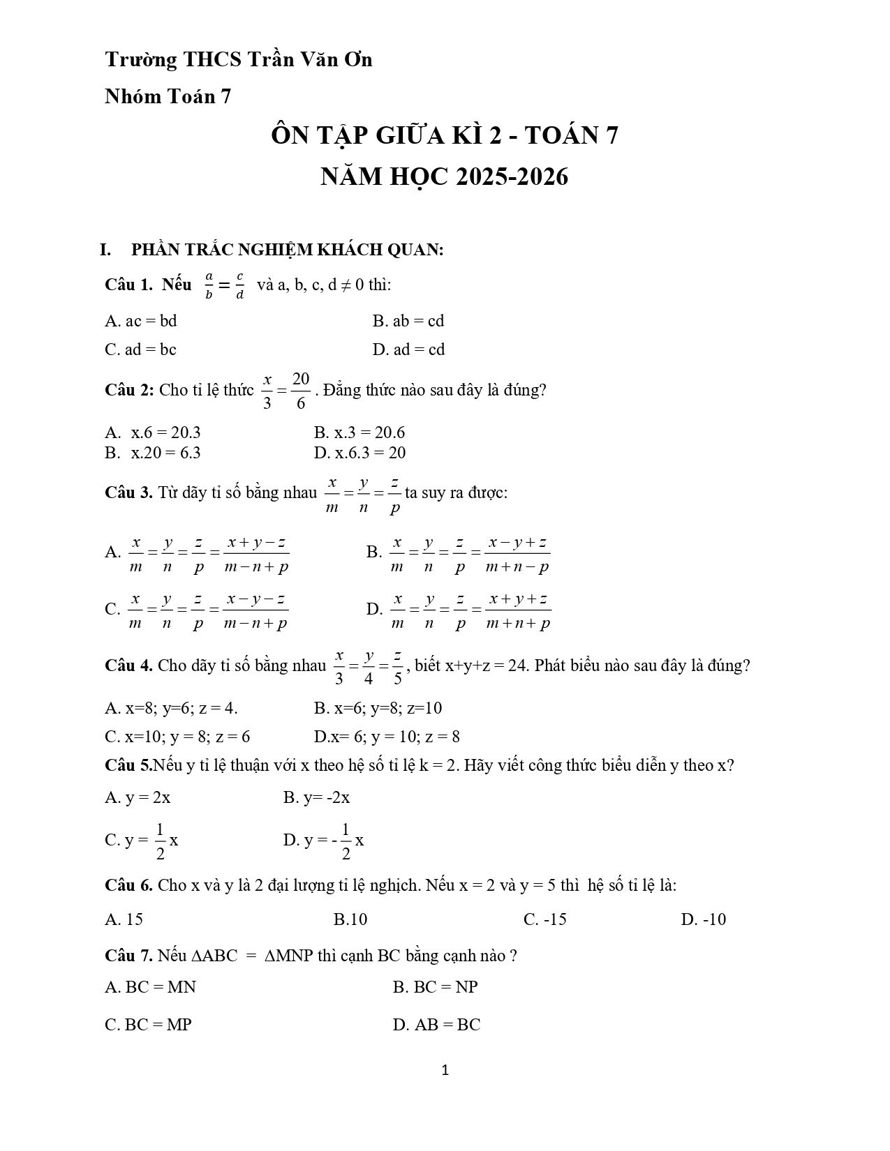 Đề cương ôn tập Giữa kì 2 Toán 7 trường THCS Trần Văn Ơn (TP Hồ Chí Minh) năm 2025–2026