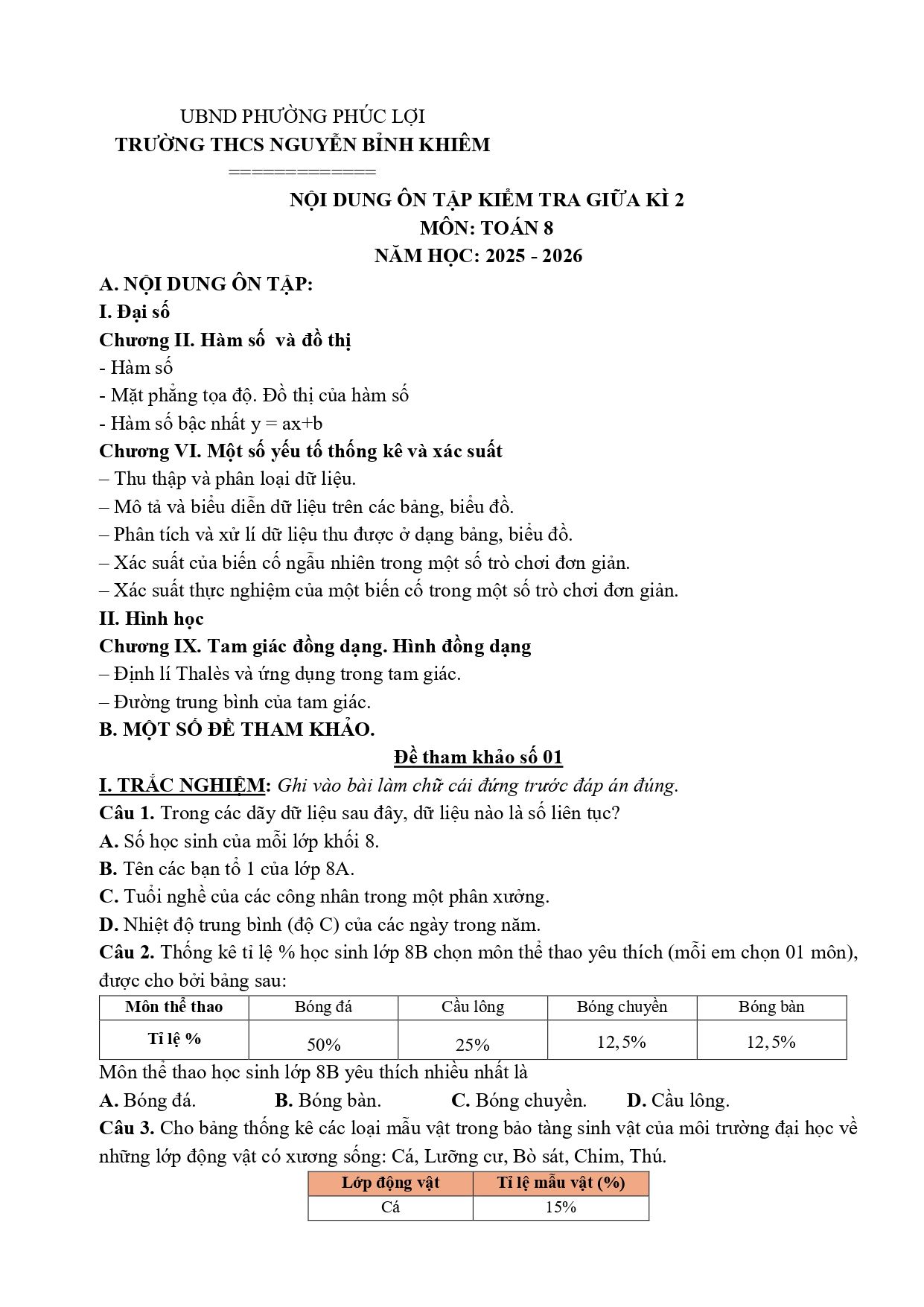 Đề cương ôn tập Giữa kì 2 Toán 8 trường THCS Nguyễn Bỉnh Khiêm (Hà Nội) năm 2025–2026