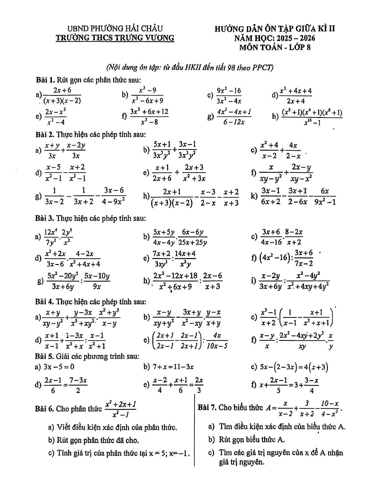 Đề cương ôn tập Giữa kì 2 Toán 8 trường THCS Trưng Vương (Đà Nẵng) năm 2025–2026