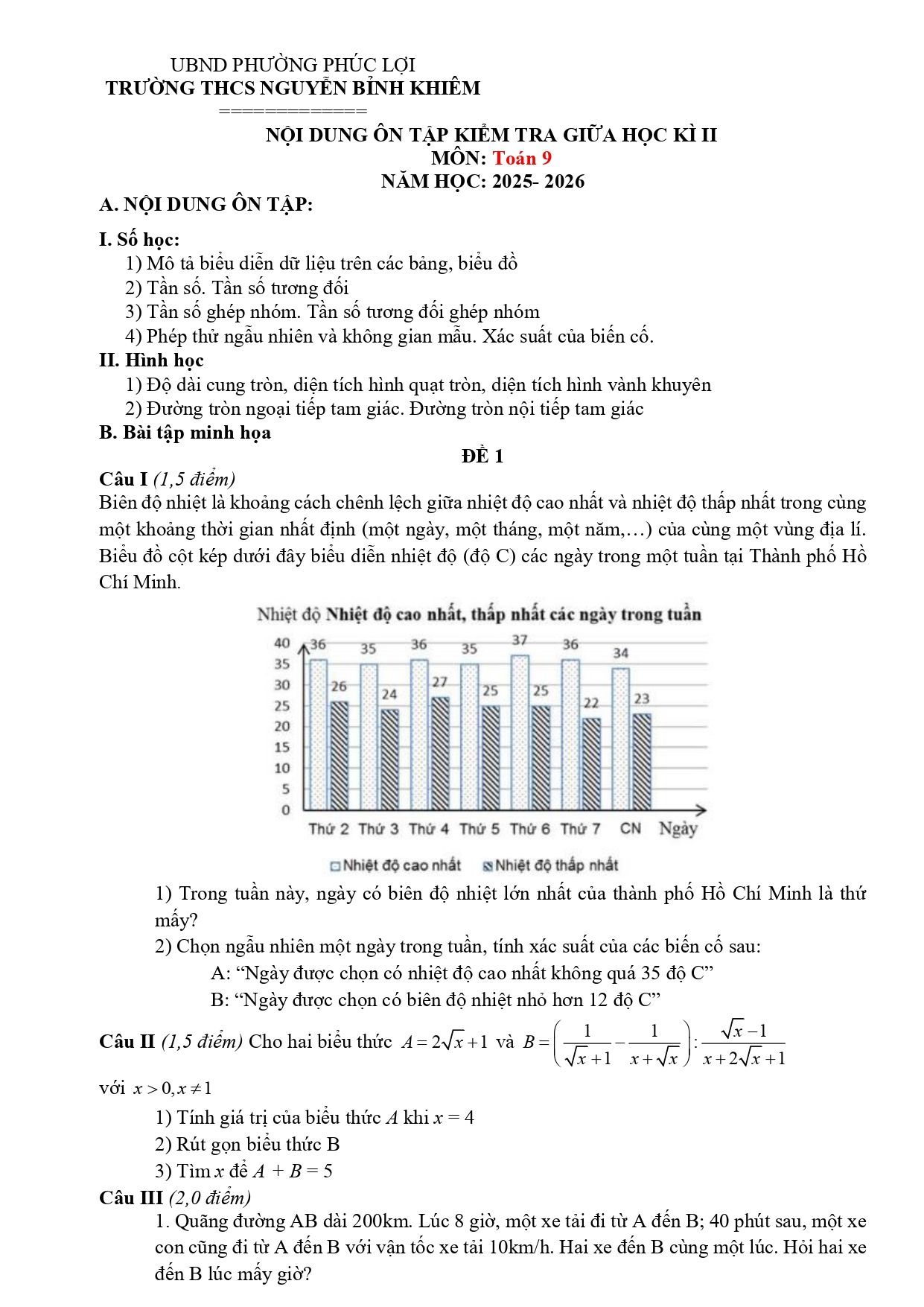Đề cương ôn tập Giữa kì 2 Toán 9 trường THCS Nguyễn Bỉnh Khiêm (Hà Nội) năm 2025–2026