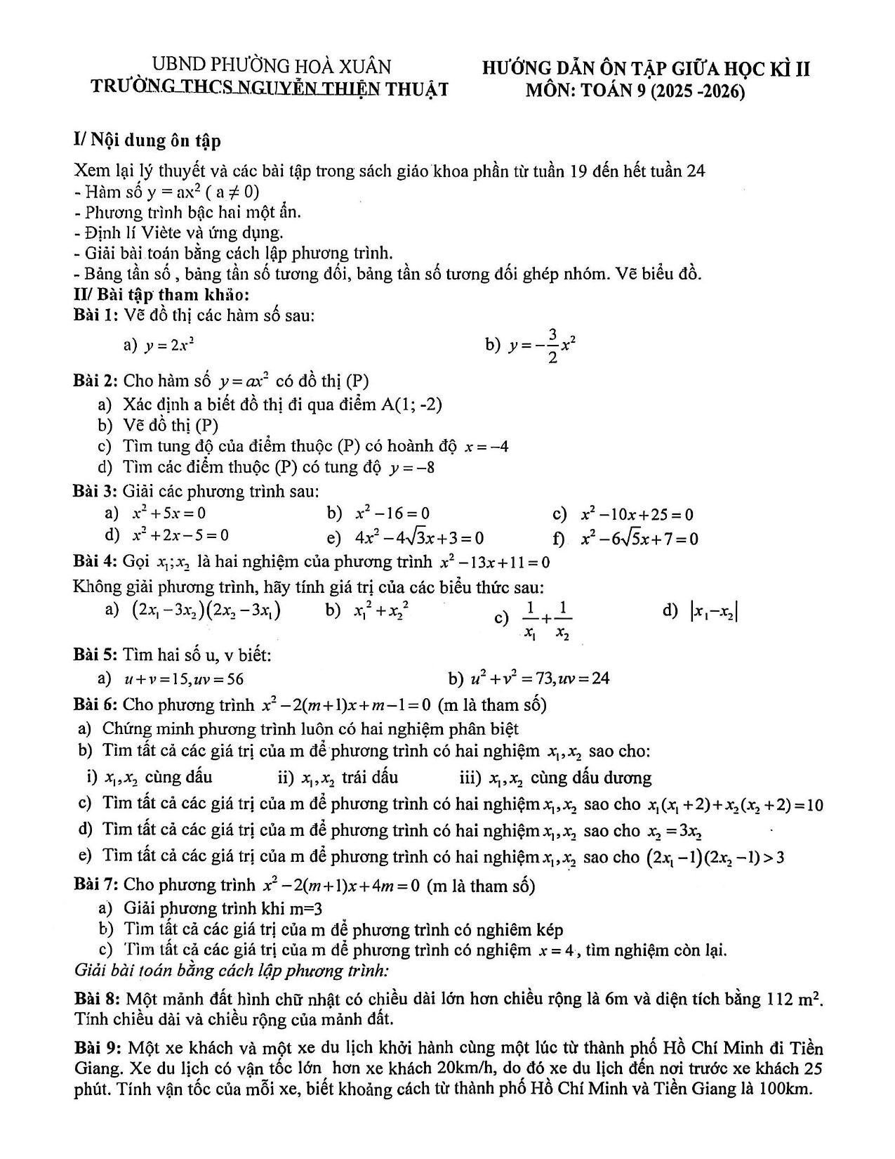Đề cương ôn tập Giữa kì 2 Toán 9 trường THCS Nguyễn Thiện Thuật (Đà Nẵng) năm 2025–2026