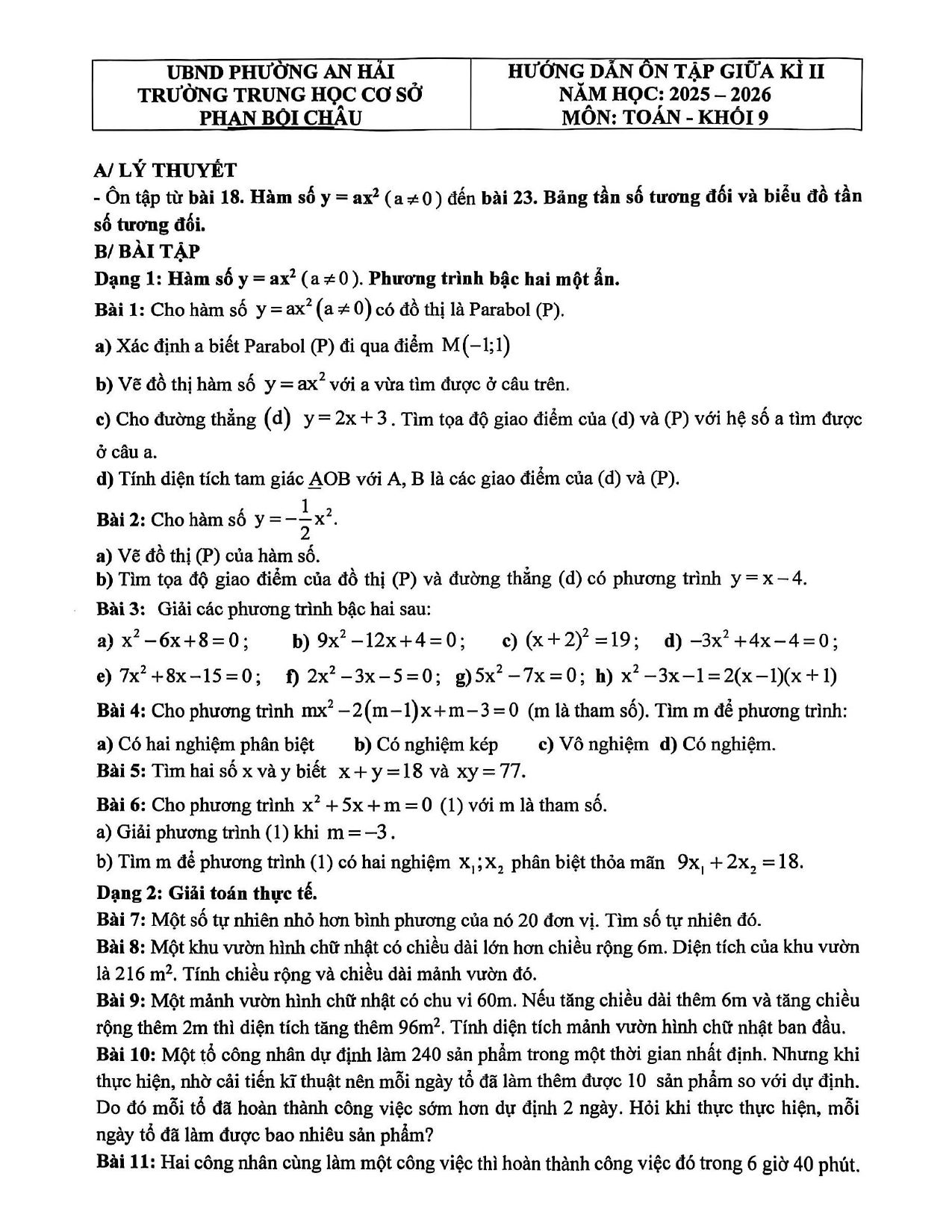 Đề cương ôn tập Giữa kì 2 Toán 9 trường THCS Phan Bội Châu (Đà Nẵng) năm 2025–2026