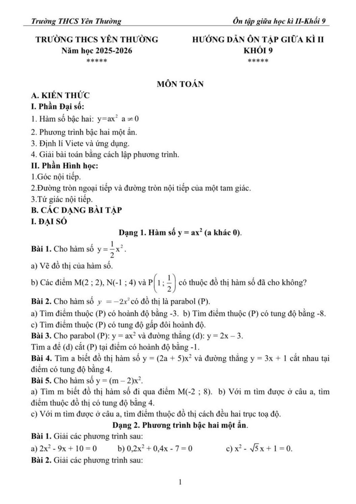 Đề cương ôn tập Giữa kì 2 Toán 9 trường THCS Yên Thường (Hà Nội) năm 2025–2026