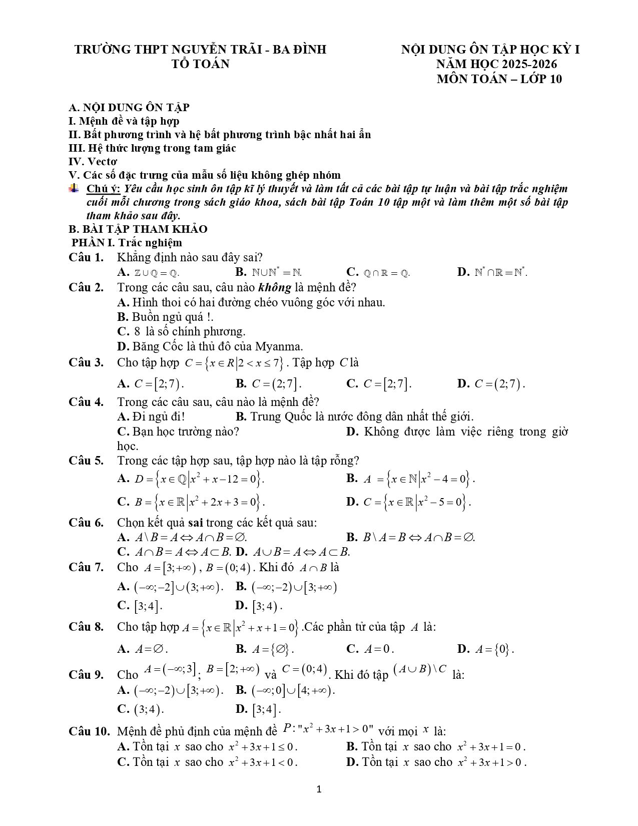 Đề cương ôn tập Học kì 1 Toán 10 trường THPT Nguyễn Trãi (Hà Nội) năm 2025–2026