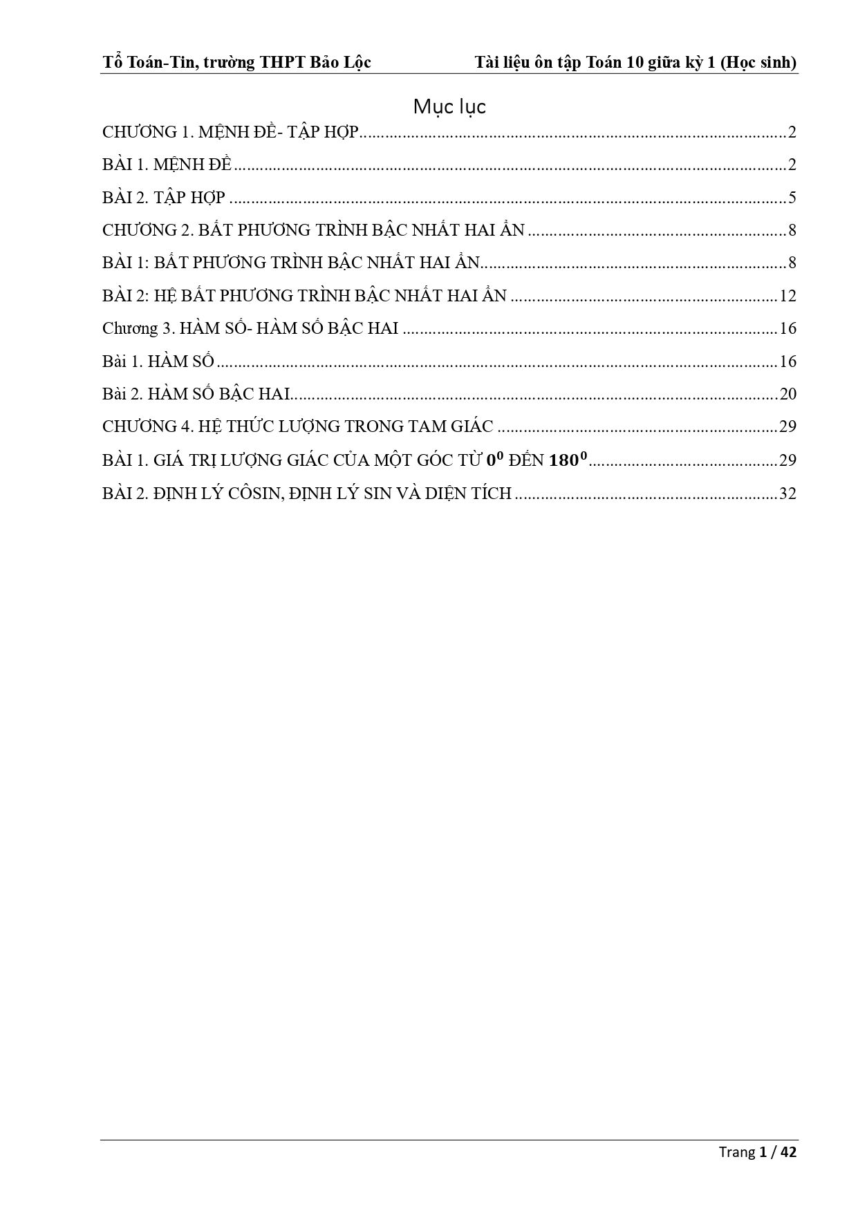 Đề cương ôn tập Giữa kì 1 Toán 10 trường THPT Bảo Lộc (Lâm Đồng) năm 2025–2026