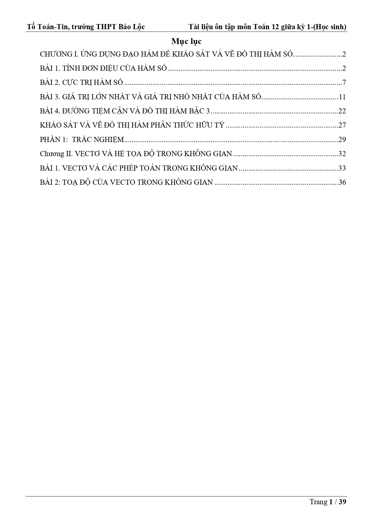 Đề cương ôn tập Giữa kì 1 Toán 12 trường THPT Bảo Lộc (Lâm Đồng) năm 2025–2026