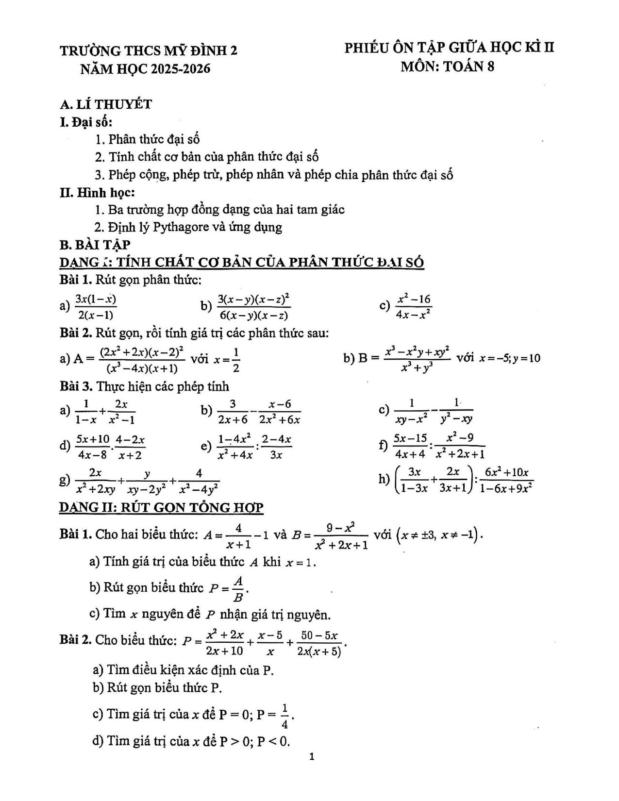 Đề cương ôn tập Giữa kì 2 Toán 8 trường THCS Mỹ Đình 2 (Hà Nội) năm 2025–2026