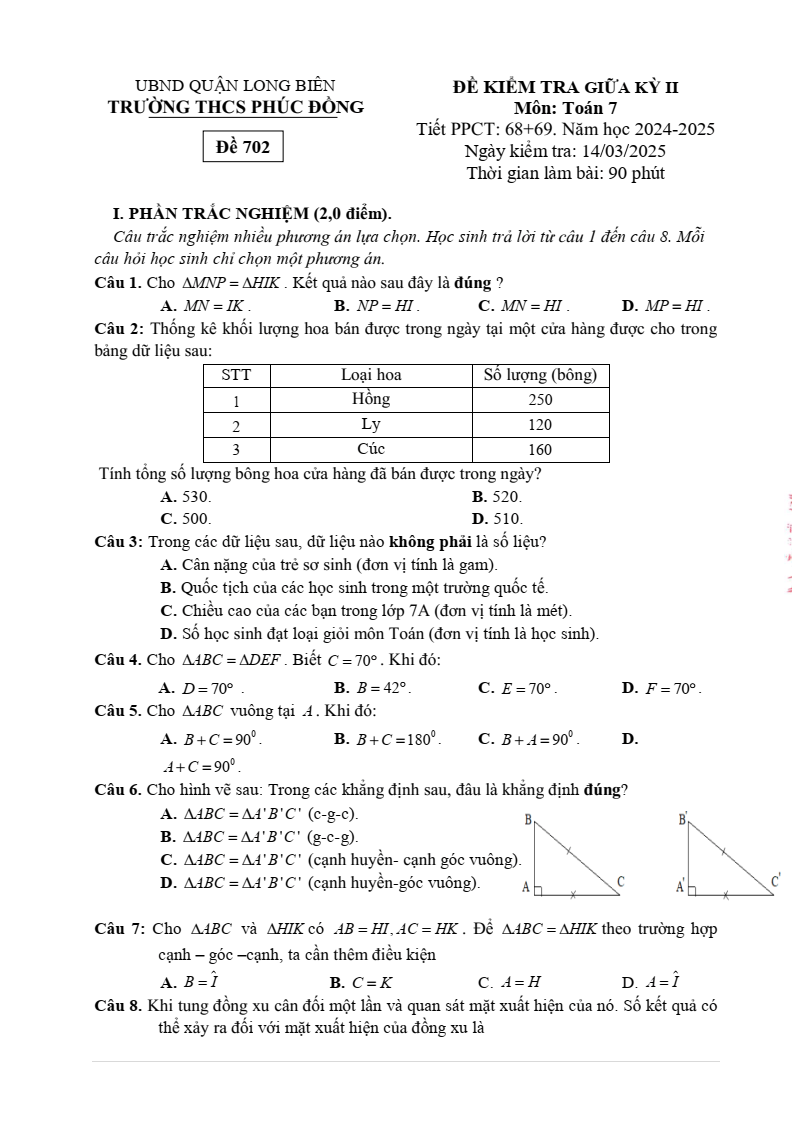 Đề thi Giữa kì 2 Toán 7 trường THCS Phúc Đồng (Hà Nội) năm 2024–2025