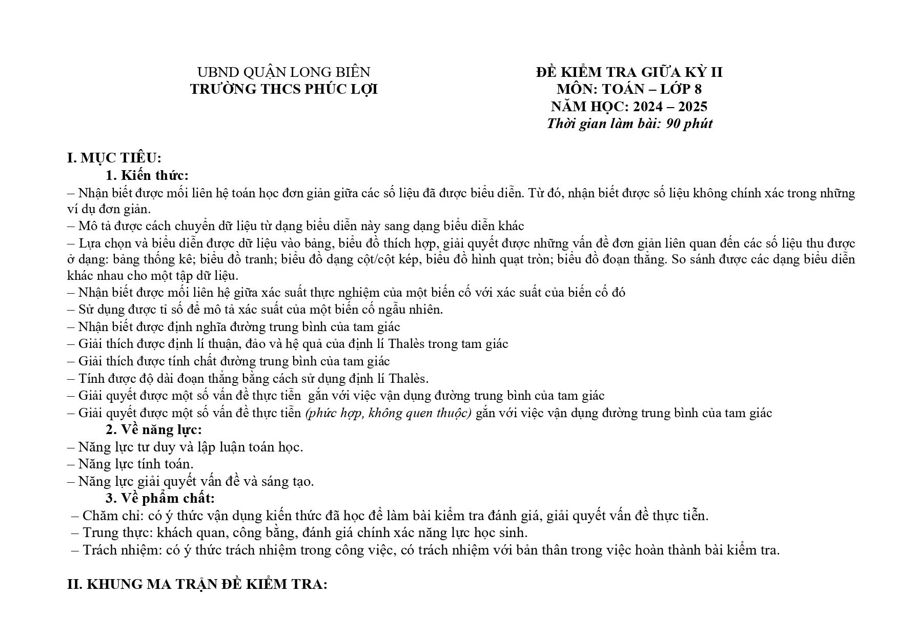 Đề thi Giữa kì 2 Toán 8 trường THCS Phúc Lợi (Hà Nội) năm 2024–2025