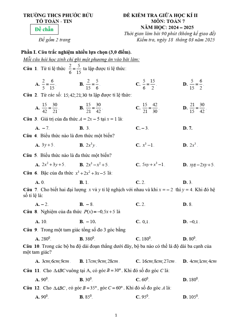 Đề thi Giữa kì 2 Toán 7 trường THCS Phước Bửu (Bà Rịa - Vũng Tàu) năm 2024–2025