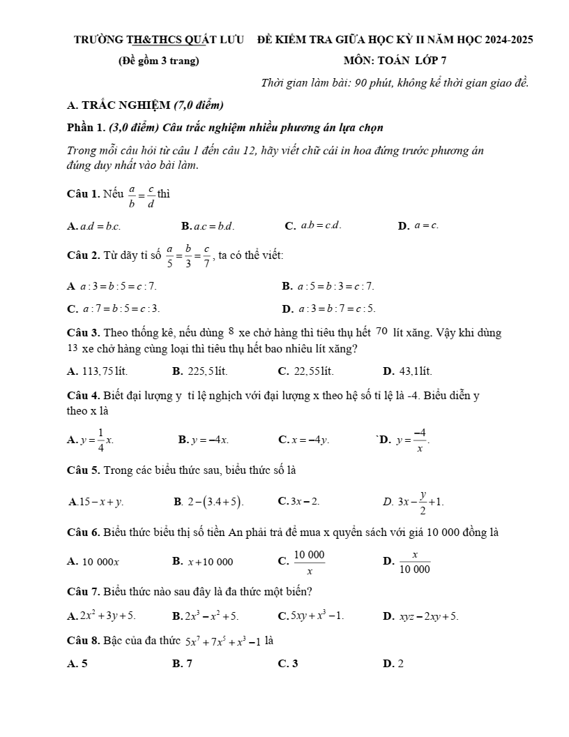 Đề thi Giữa kì 2 Toán 7 trường TH&THCS Quất Lưu (Vĩnh Phúc) năm 2024–2025
