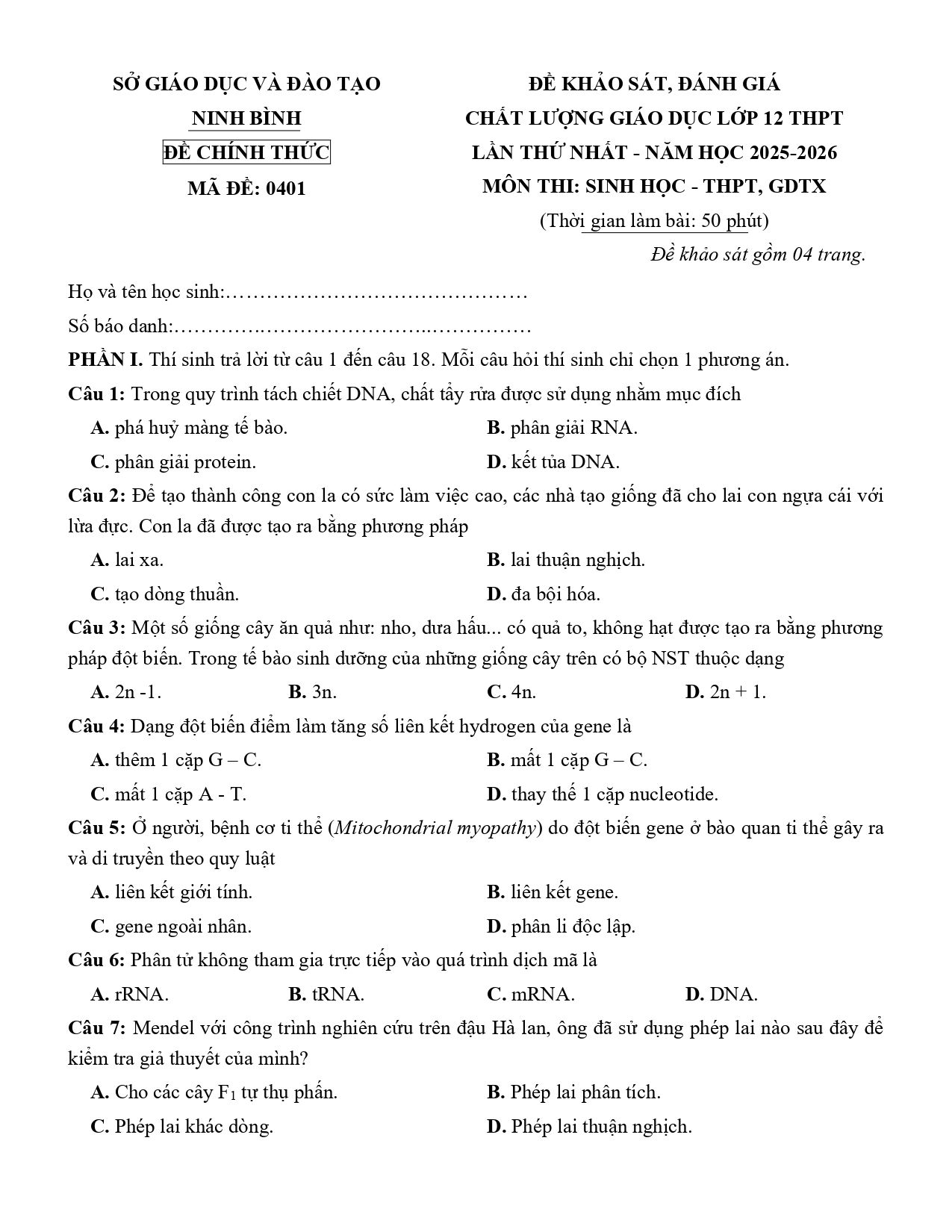 Đề thi thử Tốt nghiệp THPT Sinh học 2025 - 2026 Sở GD&ĐT Ninh Bình