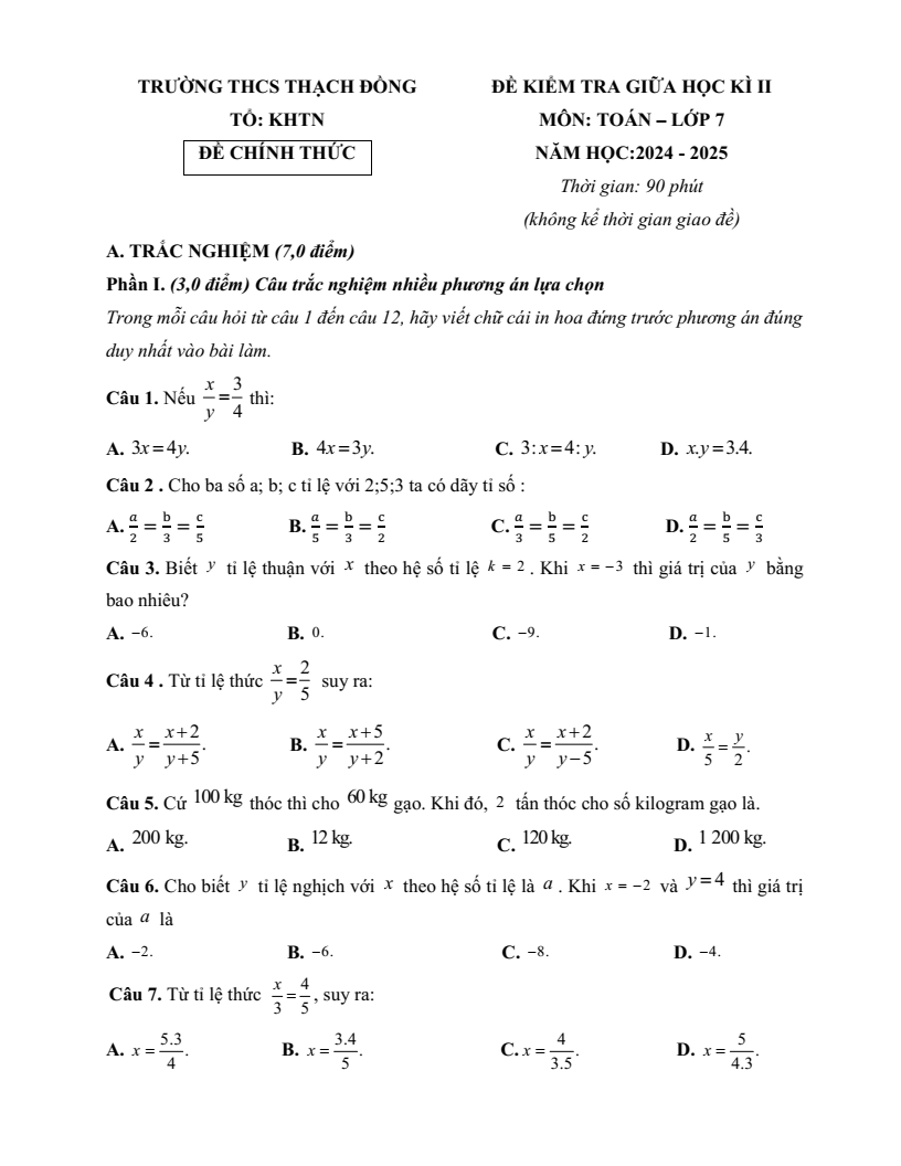 Đề thi Giữa kì 2 Toán 7 trường THCS Thạch Đồng (Phú Thọ) năm 2024–2025