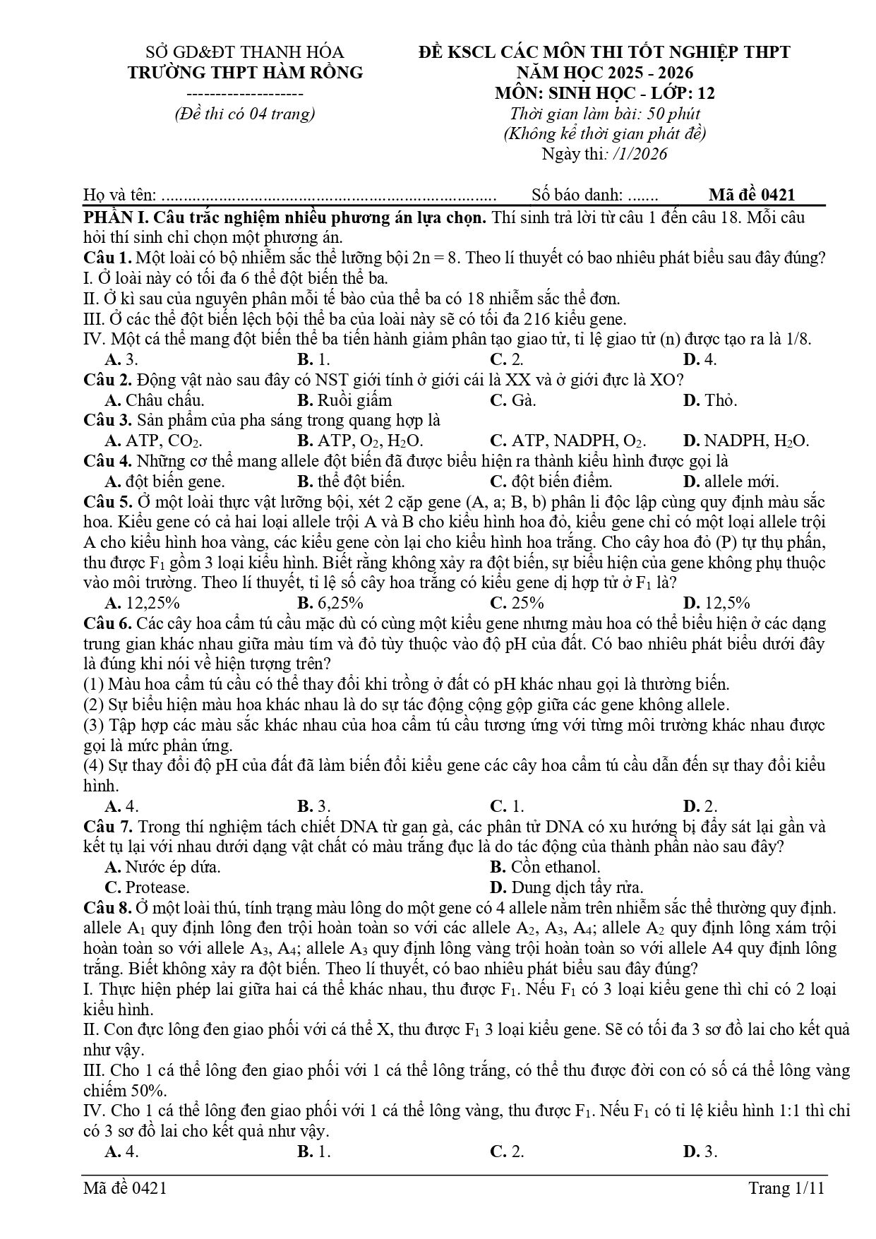 Đề thi thử Tốt nghiệp THPT Sinh học 2025 - 2026 trường THPT Hàm Rồng (Thanh Hóa)