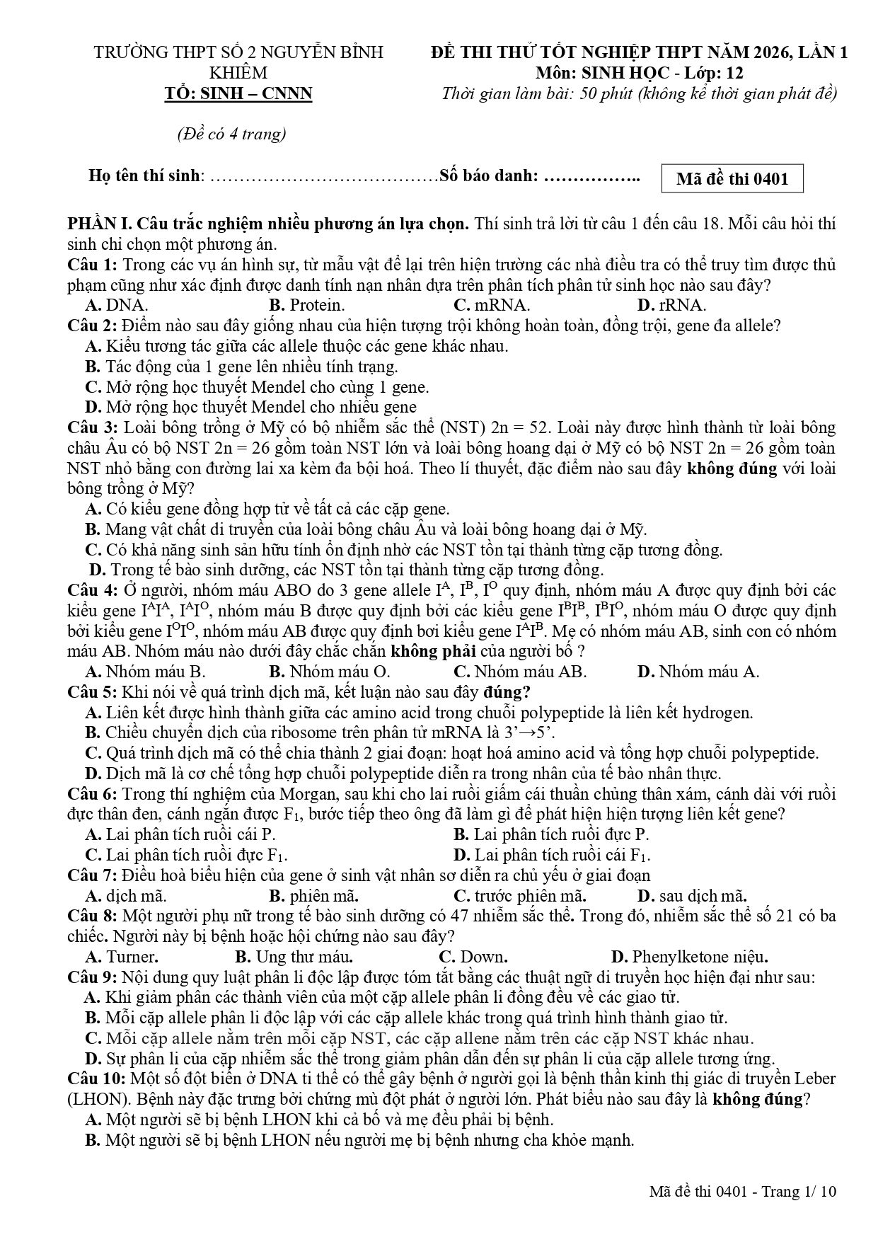 Đề thi thử Tốt nghiệp THPT Sinh học 2025 - 2026 trường THPT số 2 Nguyễn Bỉnh Khiêm (Gia Lai)