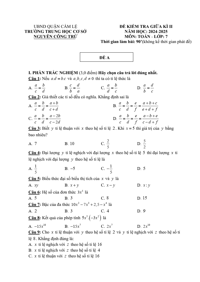 Đề thi Giữa kì 2 Toán 7 trường THCS Nguyễn Công Trứ (Đà Nẵng) năm 2024–2025