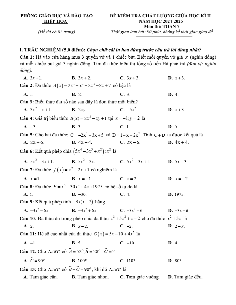 Đề thi Giữa kì 2 Toán 7 phòng GD&ĐT Hiệp Hòa (Bắc Giang) năm 2024–2025