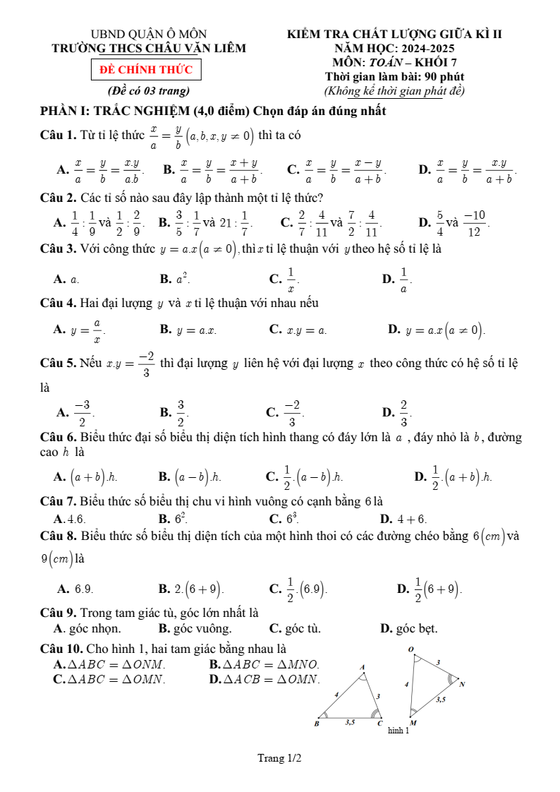 Đề thi Giữa kì 2 Toán 7 trường THCS Châu Văn Liêm (Cần Thơ) năm 2024–2025
