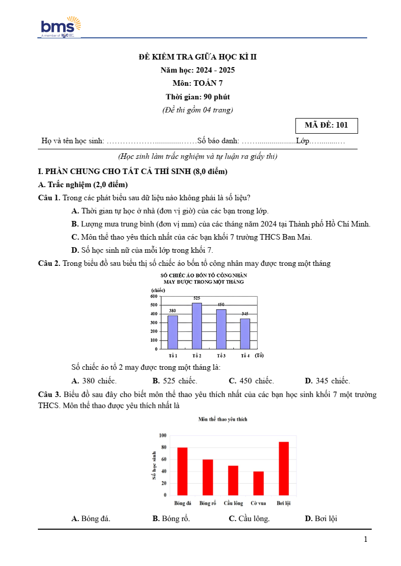 Đề thi Giữa kì 2 Toán 7 trường THCS Ban Mai School (Hà Nội) năm 2024–2025