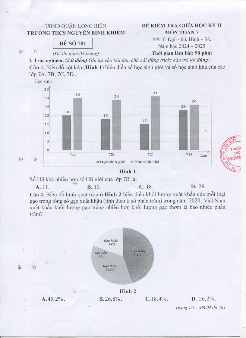 Đề thi Giữa kì 2 Toán 7 trường THCS Nguyễn Bỉnh Khiêm Hà Nội) năm 2024–2025