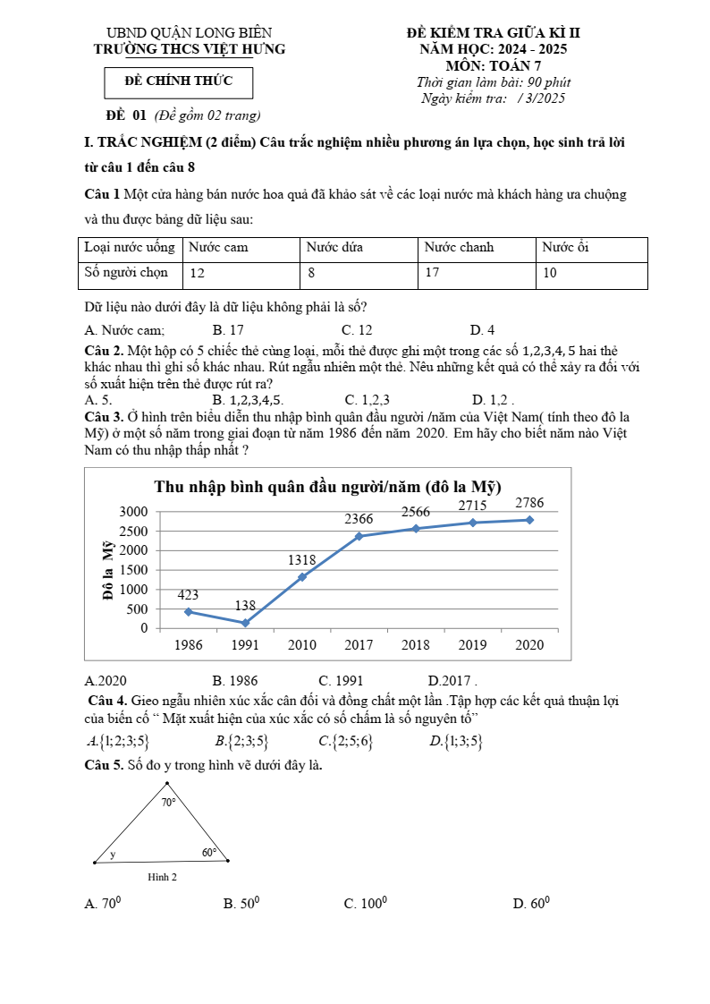 Đề thi Giữa kì 2 Toán 7 trường THCS Việt Hưng (Hà Nội) năm 2024–2025