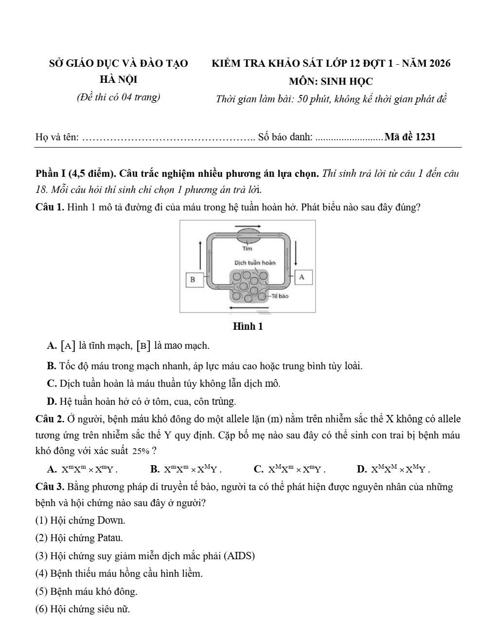 Đề thi thử Tốt nghiệp THPT Sinh học 2025 - 2026 Sở GD&ĐT Hà Nội