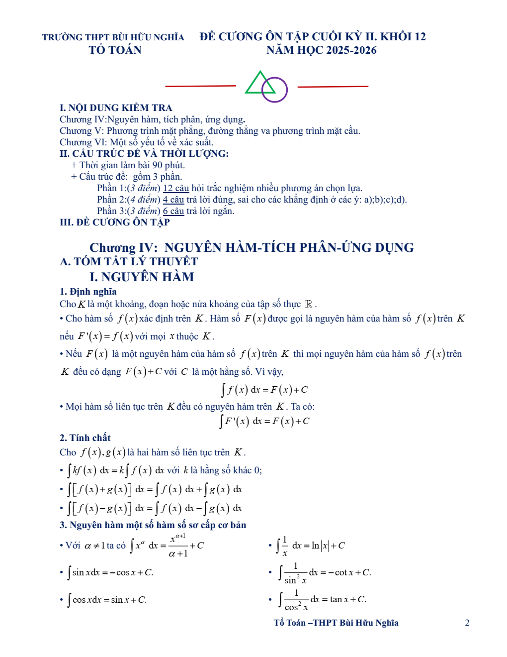 Đề cương ôn tập Học kì 2 Toán 12 trường THPT Bùi Hữu Nghĩa (Cần Thơ) năm 2025–2026