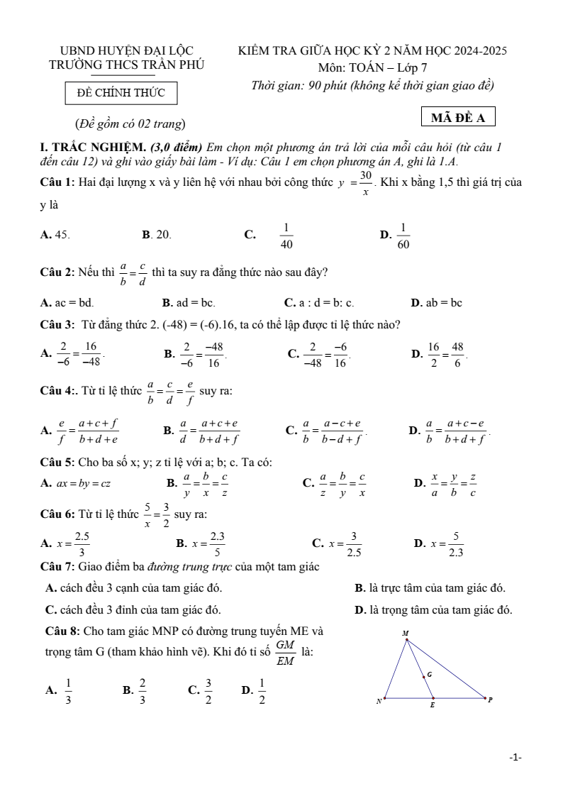 Đề thi Giữa kì 2 Toán 7 trường THCS Trần Phú (Quảng Nam) năm 2024–2025